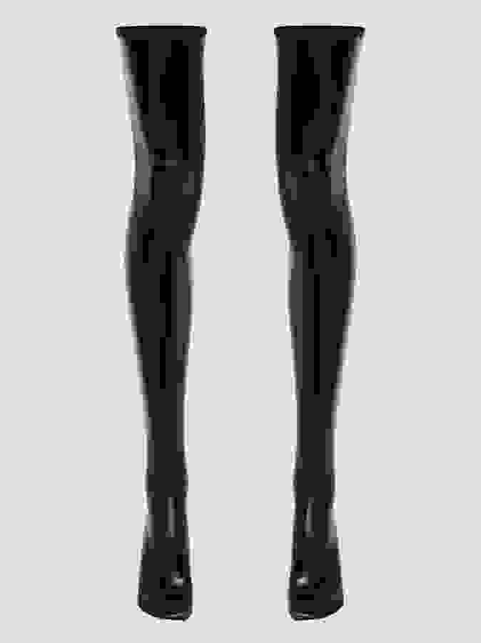 Lovehoney Fierce Black Wet Look Thigh High Stockings, Black, hi-res